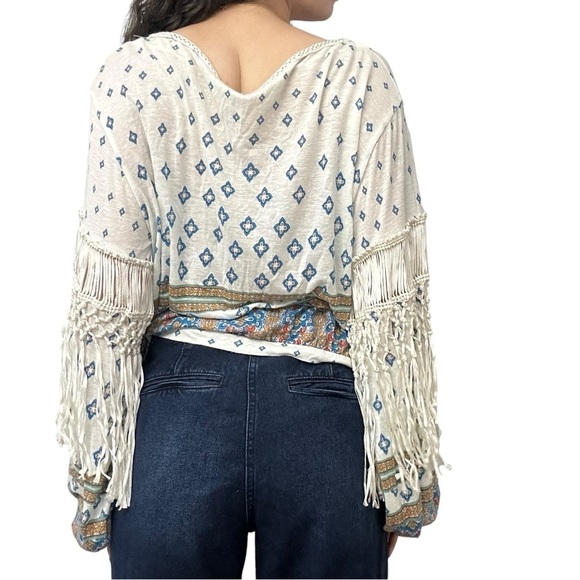 Free People Blouse Tassels Boho Floral Lace Up Festival Hippie Casual Size Small - Picture 2 of 7